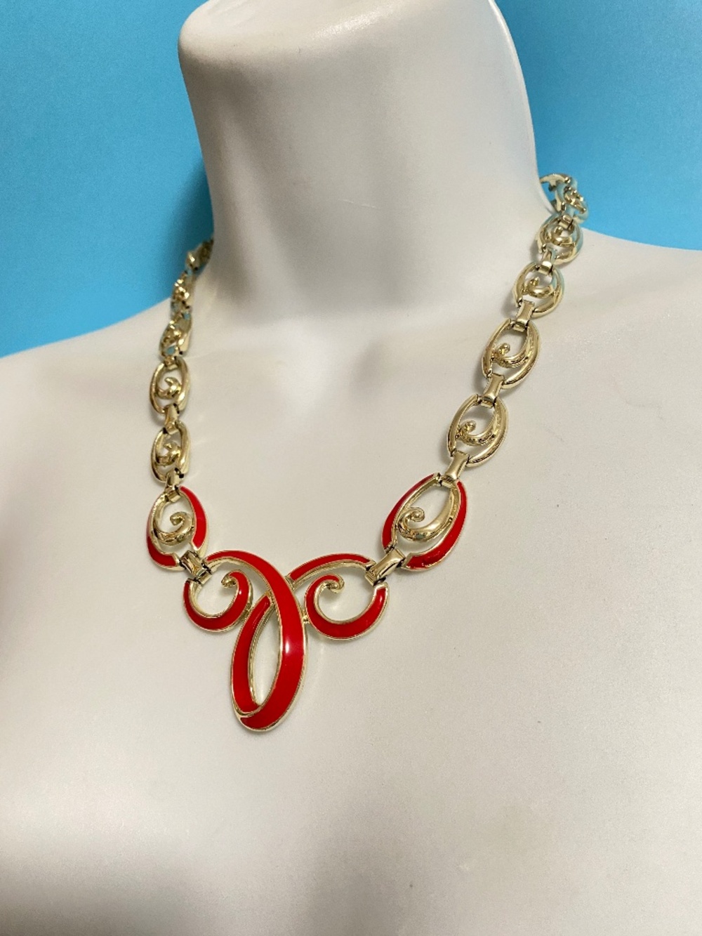Vintage Gold Tone & Red Enamel Statement Collar Necklace Open Scroll 1980's